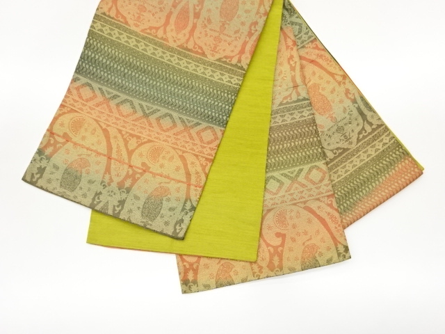  横段に花鳥・幾何学模様織出し袋帯